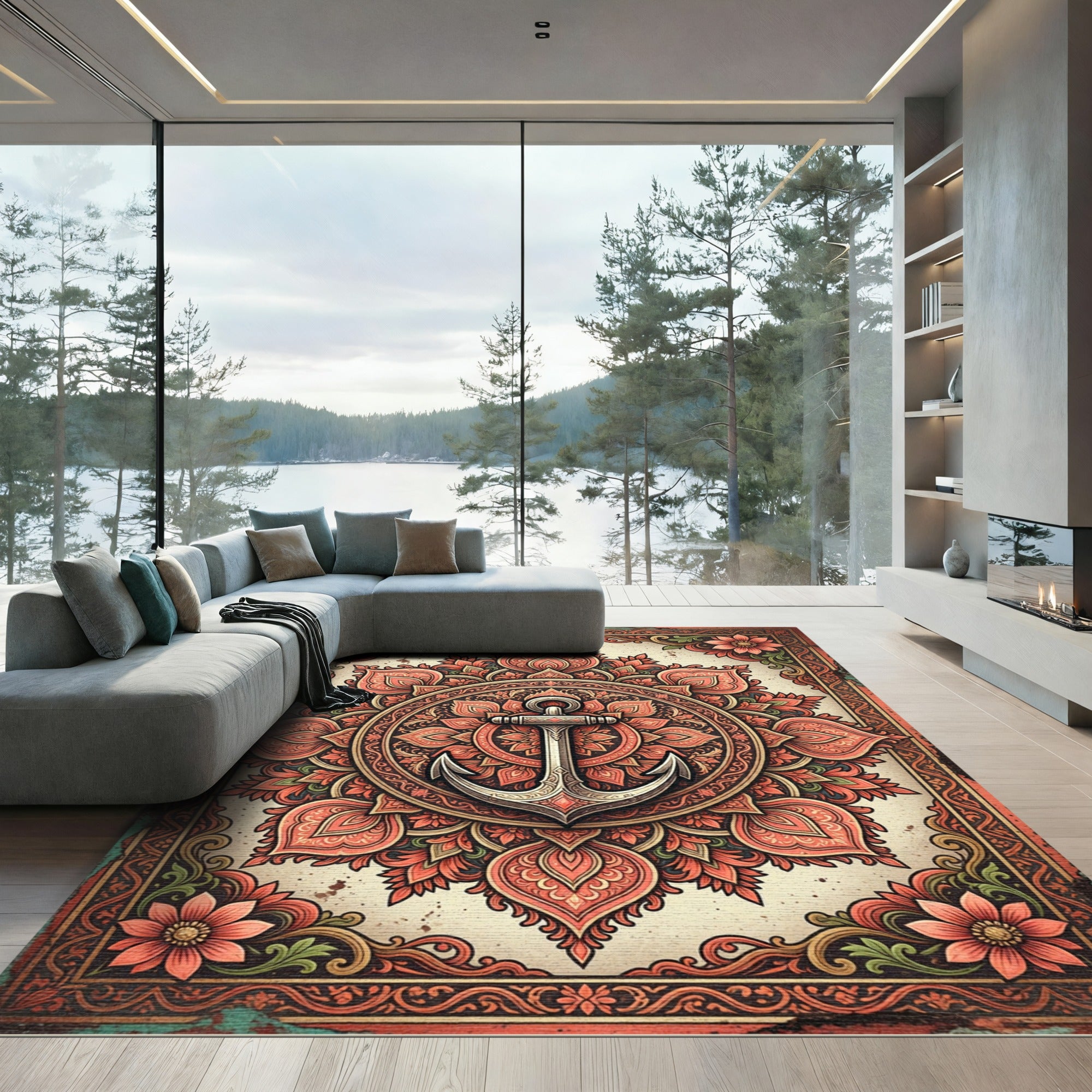 Vintage Coral Floral Mandala Anchor Rug