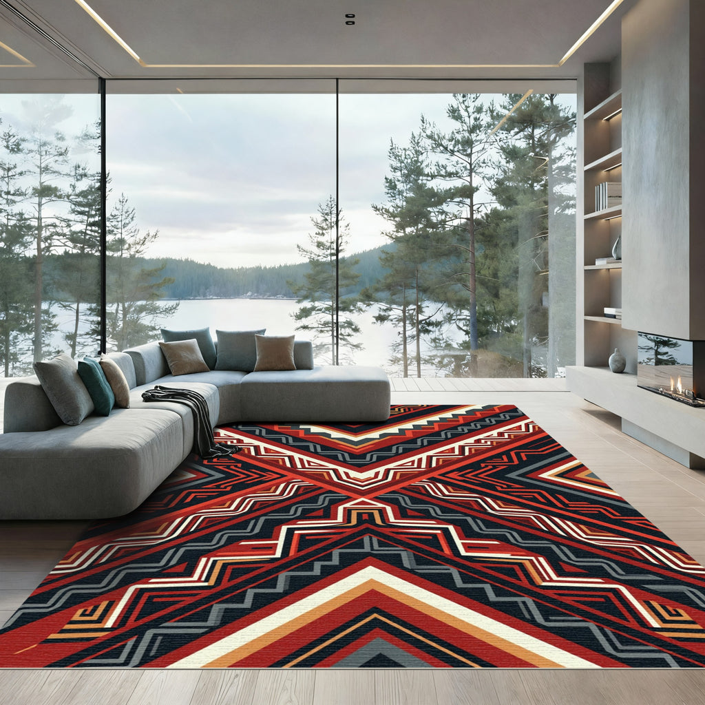 Bold Crimson Geometric Chevron Abstract Rug