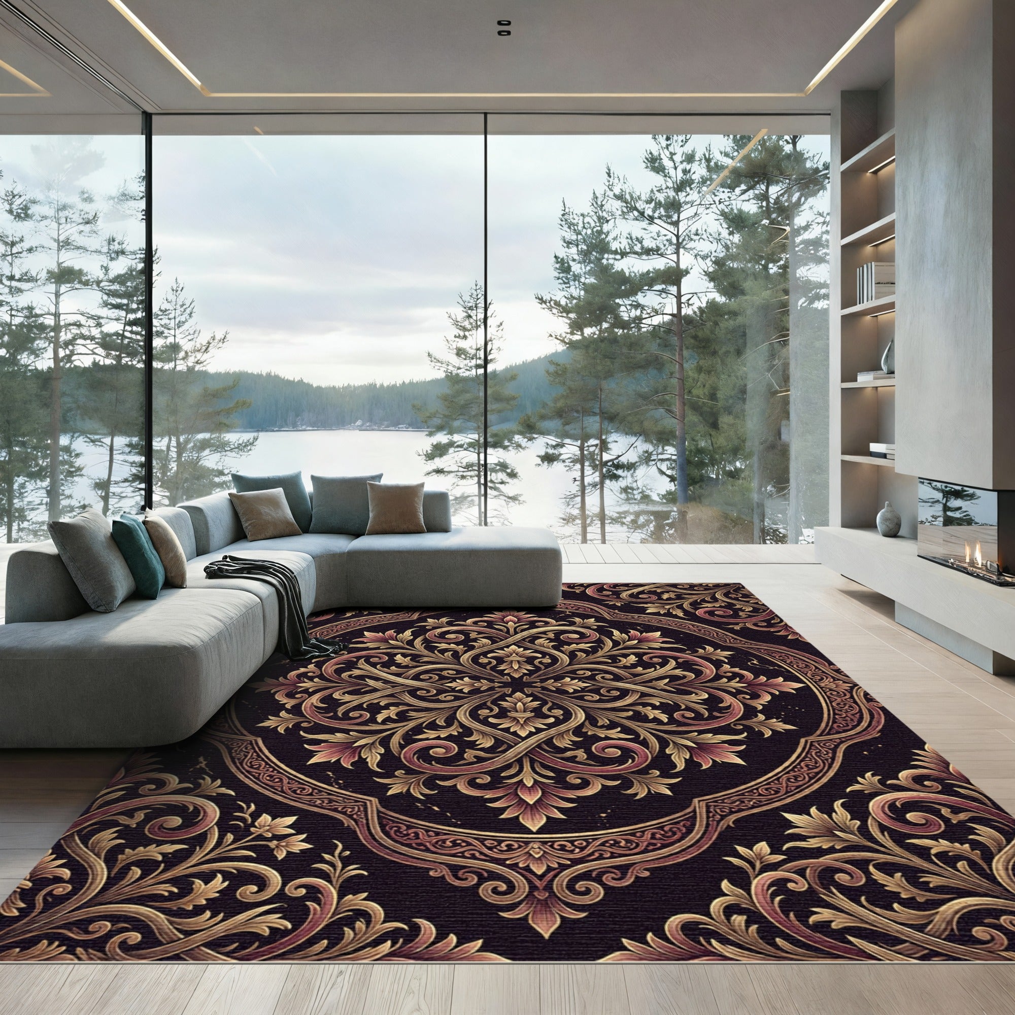 Gold Filigree Damask Dark Floral Medallion Rug