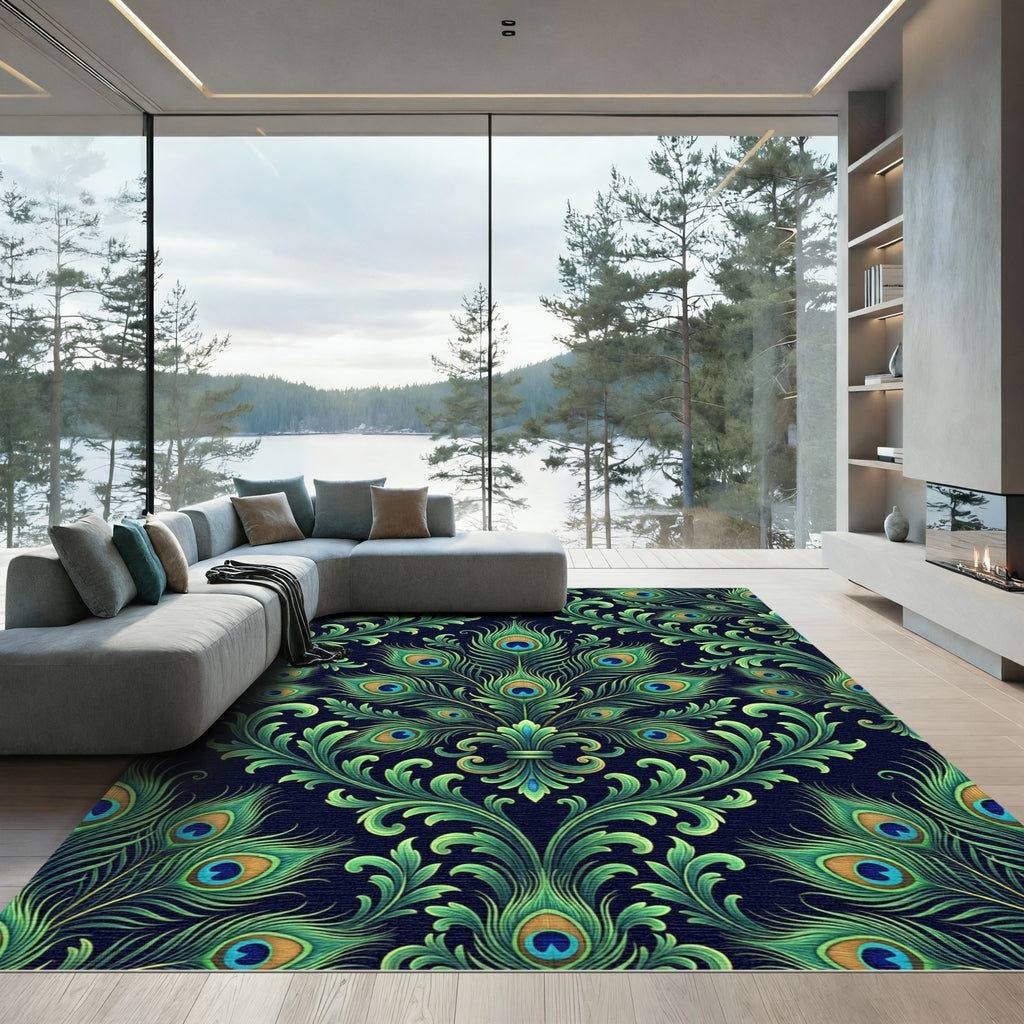 Elegant Peacock Feather Damask Art Rug