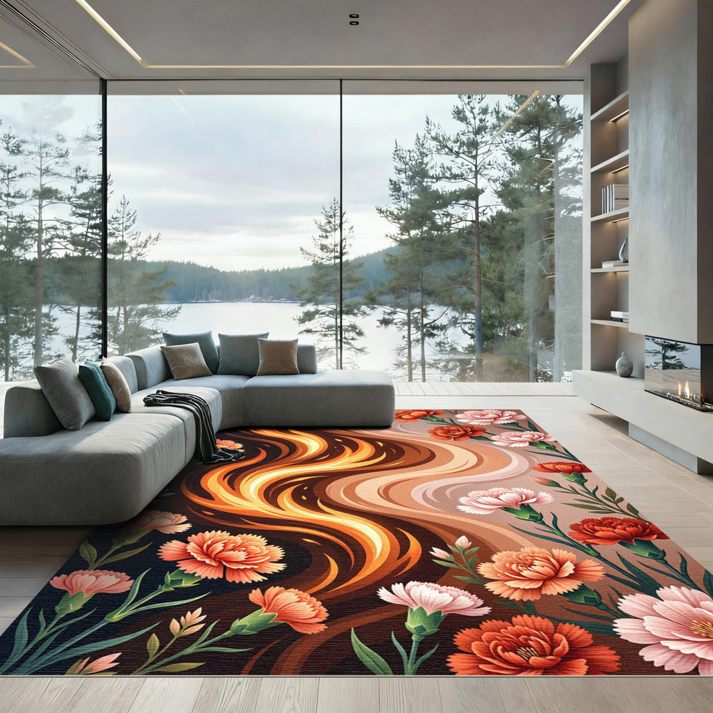 Fiery Waves with Coral Carnations Rug