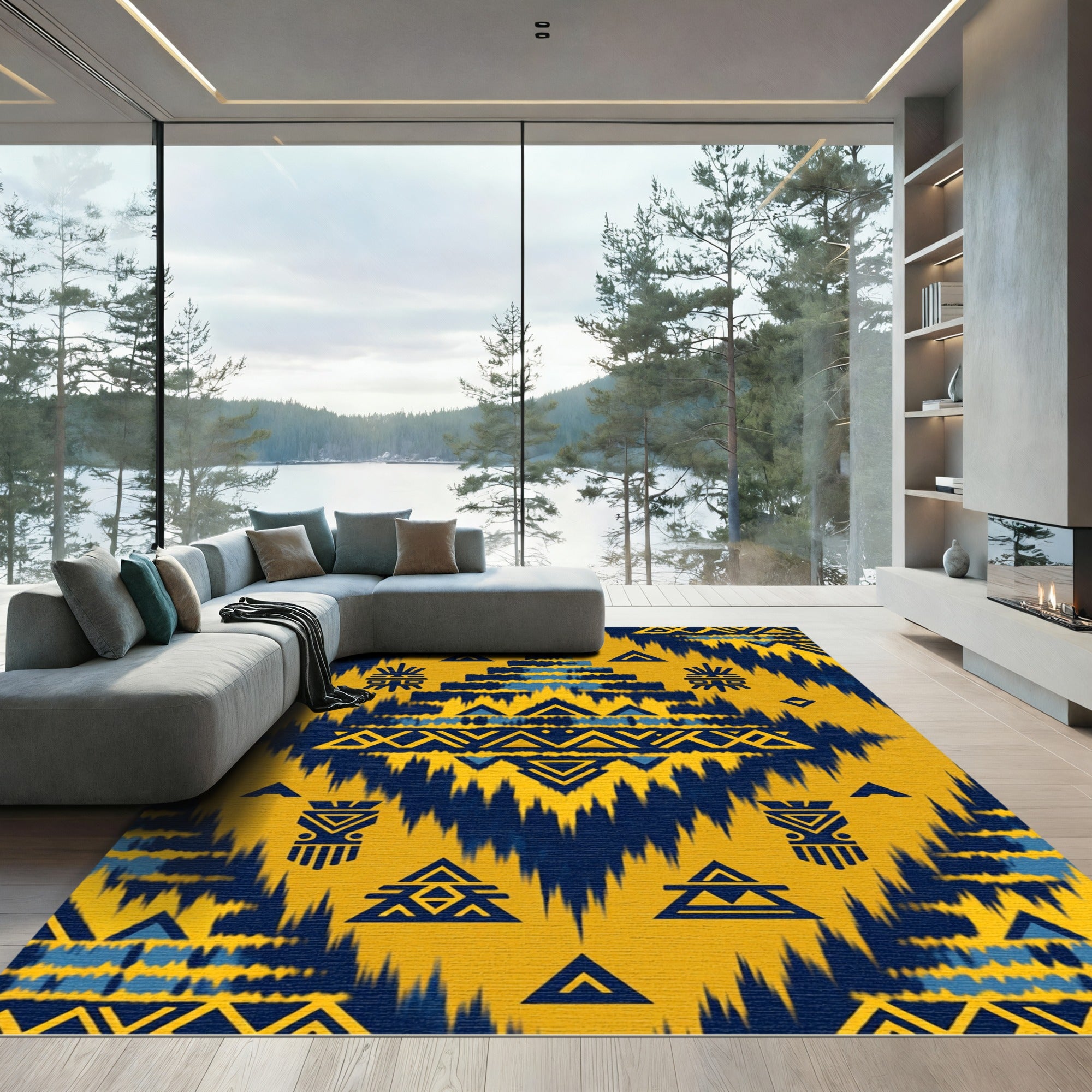 Yellow Blue Tribal Geometric Sunburst Rug