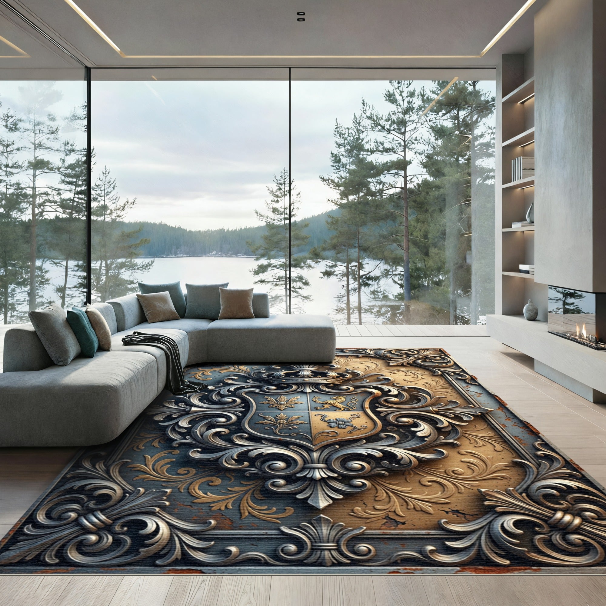 Ornate Golden Royal Crest Medallion Rug