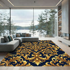 Ornate Gold Damask Navy Scroll Rug