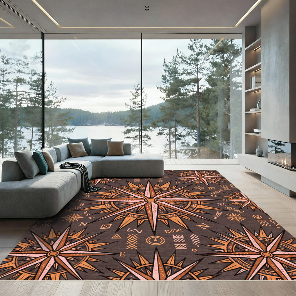 Celestial Compass Earthy Brown Tile Rug