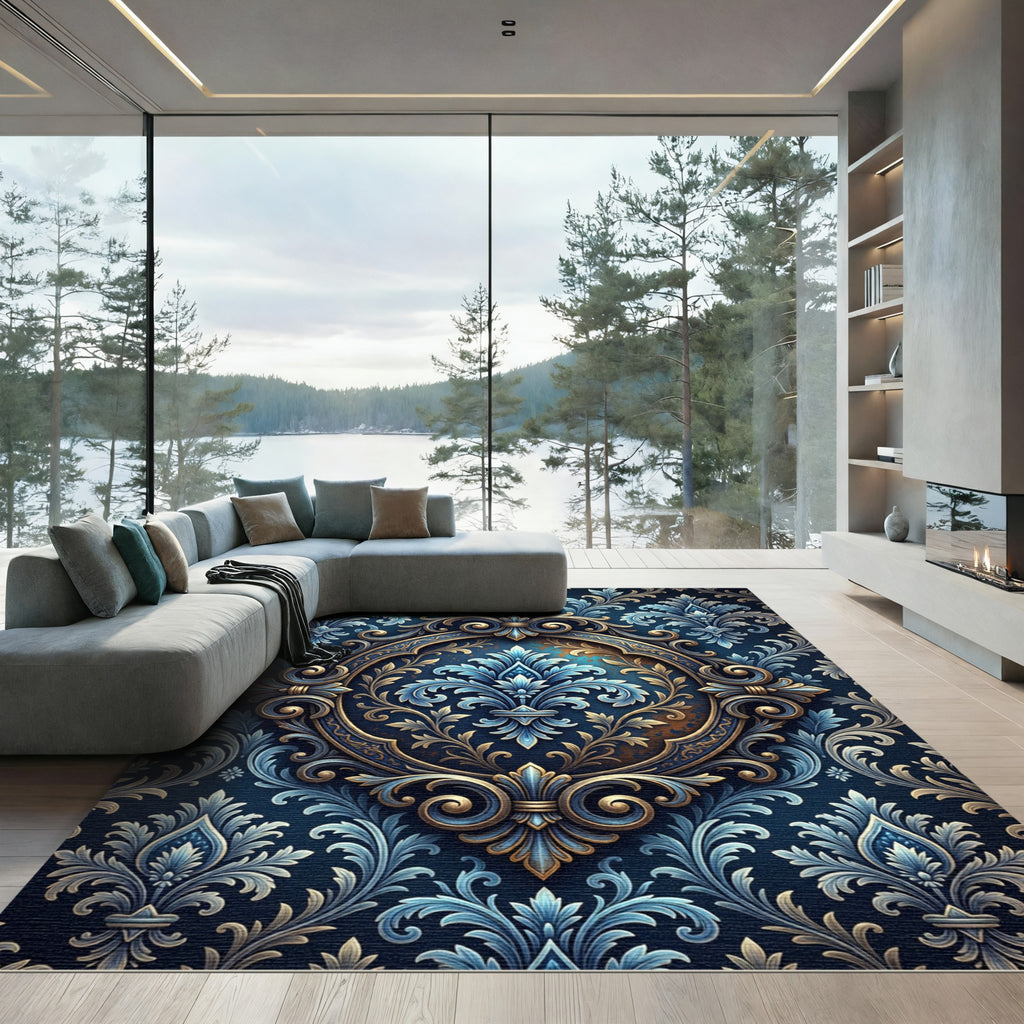 Elegant Navy Golden Damask Fleur-de-lis Rug