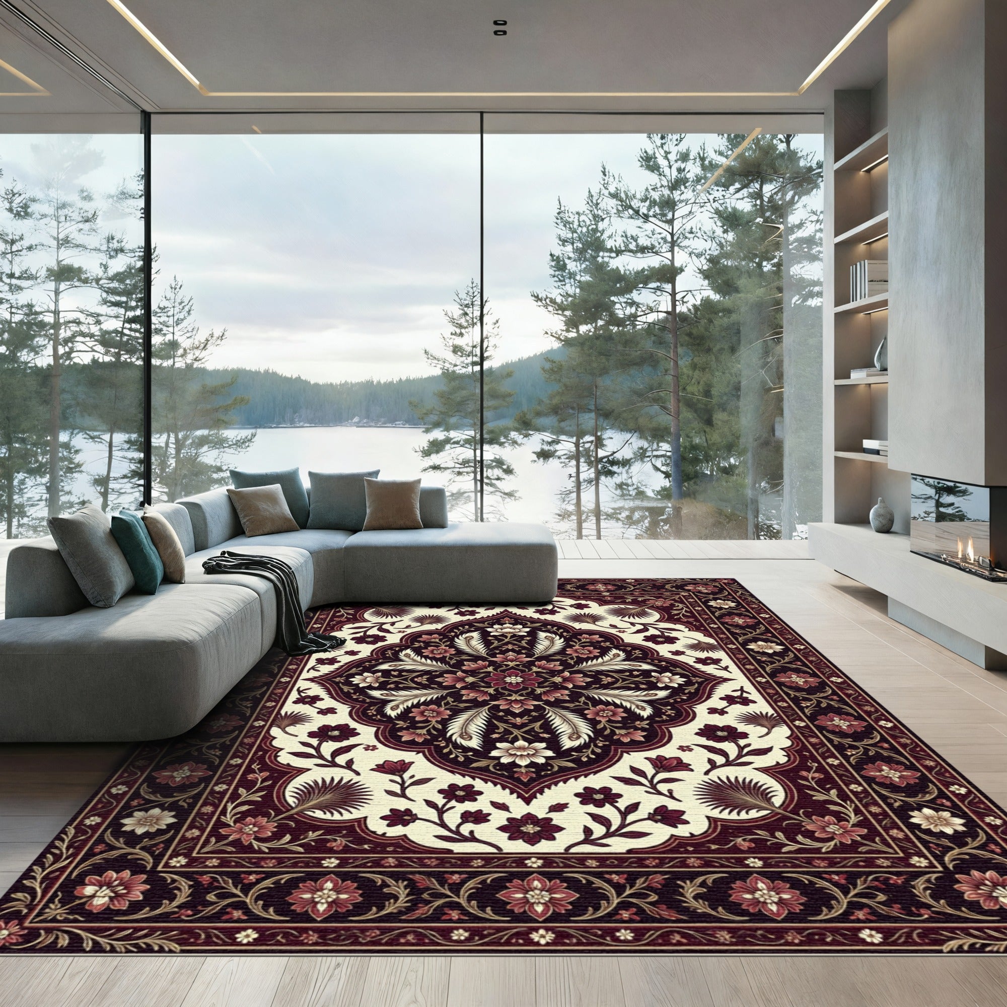 Deep Burgundy Cream Floral Medallion Rug
