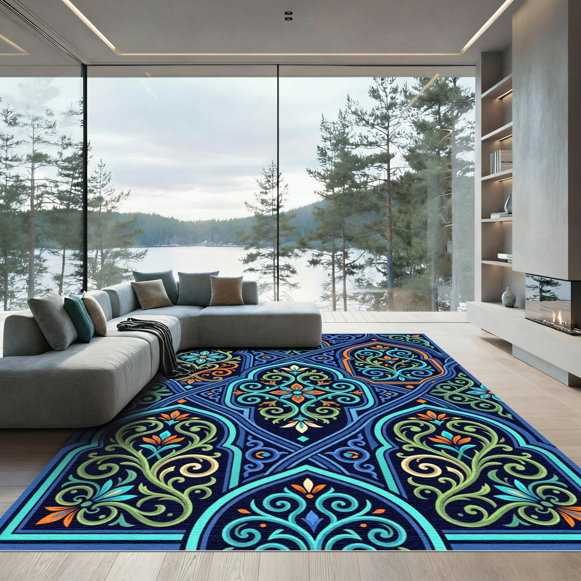 Ornate Azure Teal Scroll Floral Medallion Rug