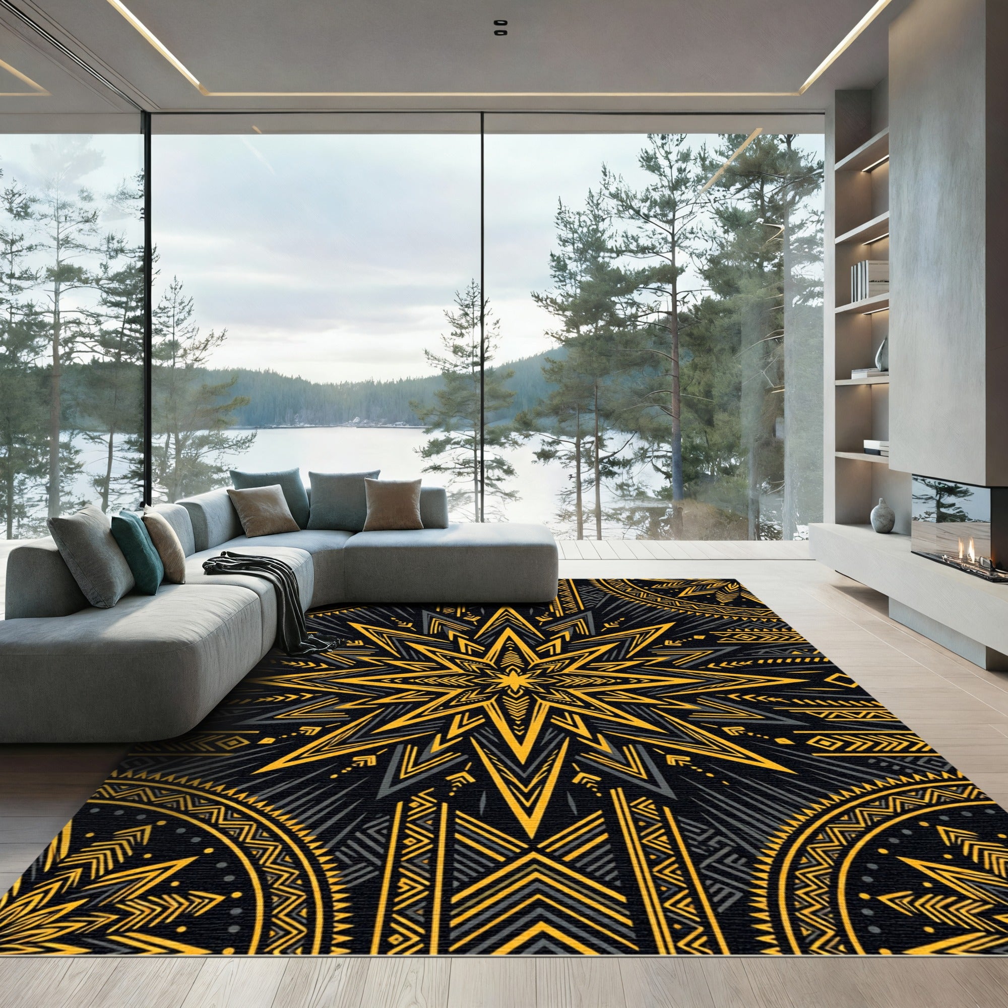 Striking Golden Star Geometric Onyx Decor Rug