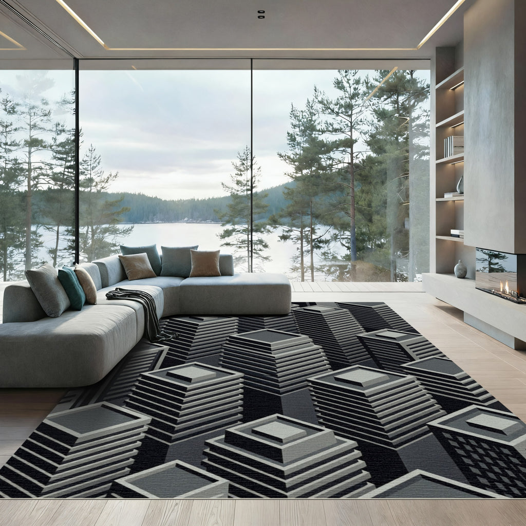 Monochromatic Isometric Cityscape Buildings Rug