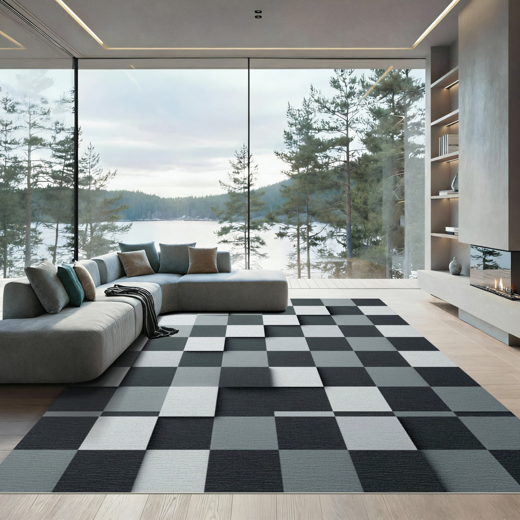 Monochromatic 3D Checkerboard Composition Rug
