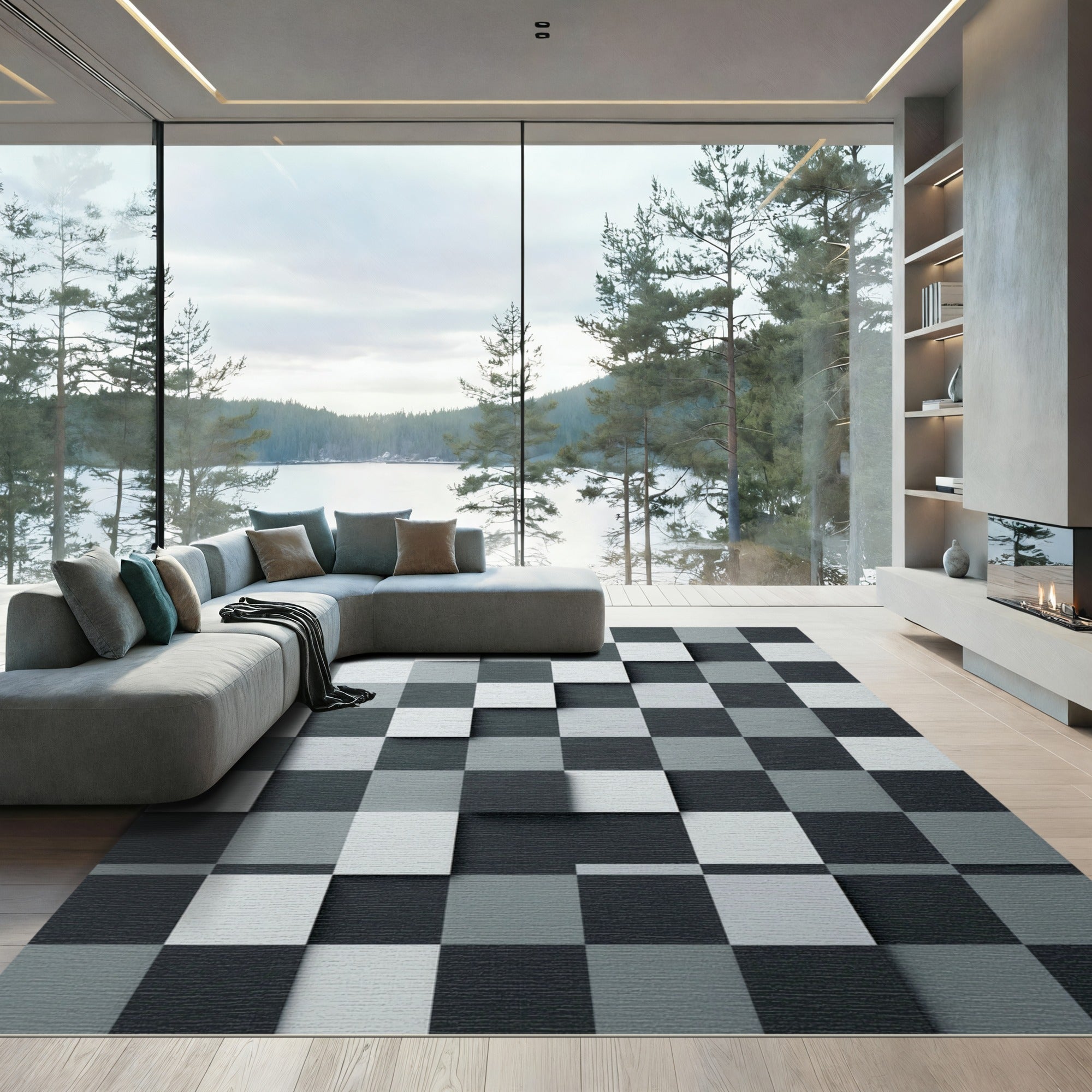 Monochromatic 3D Checkerboard Composition Rug