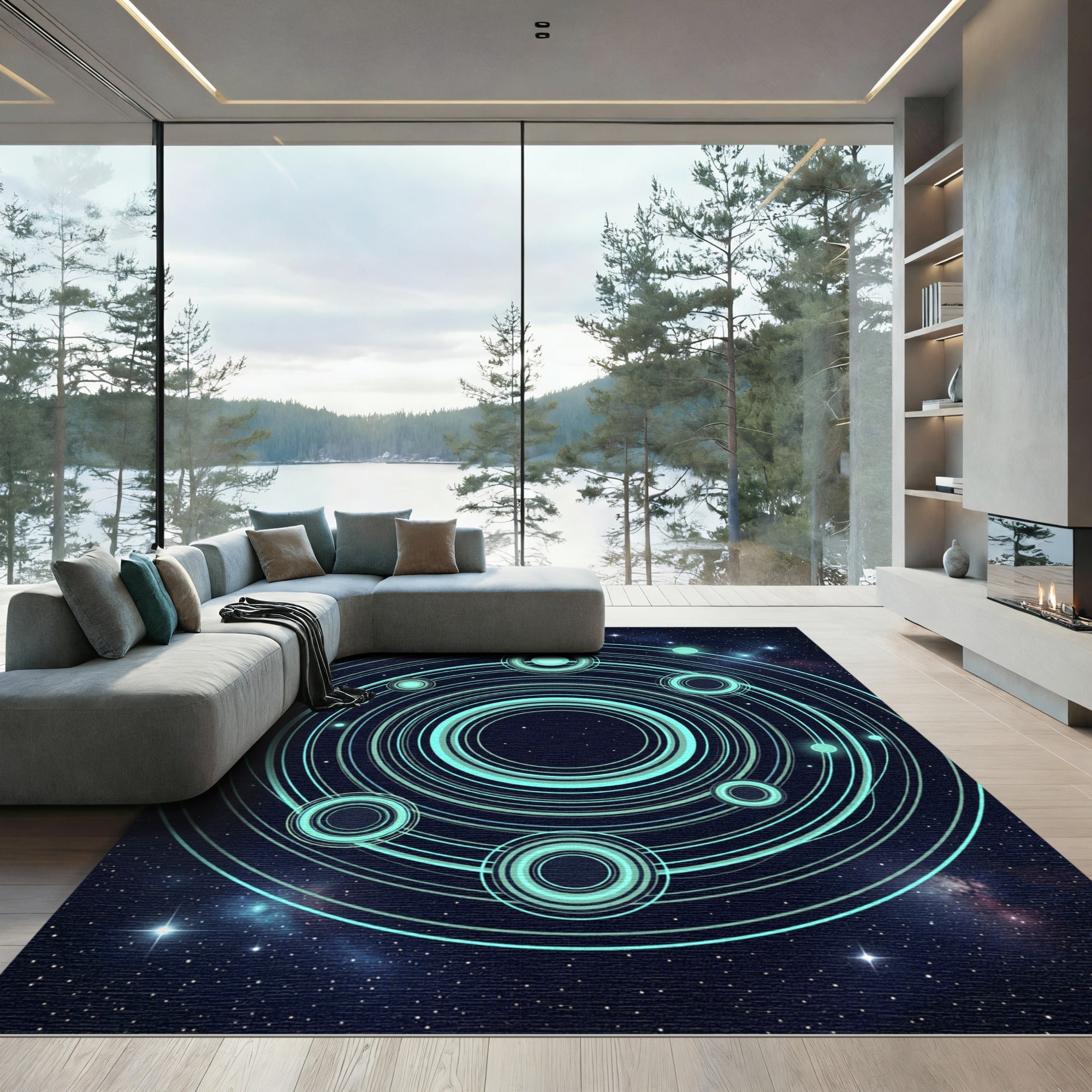 Luminous Celestial Orbit Neon Circle Rug