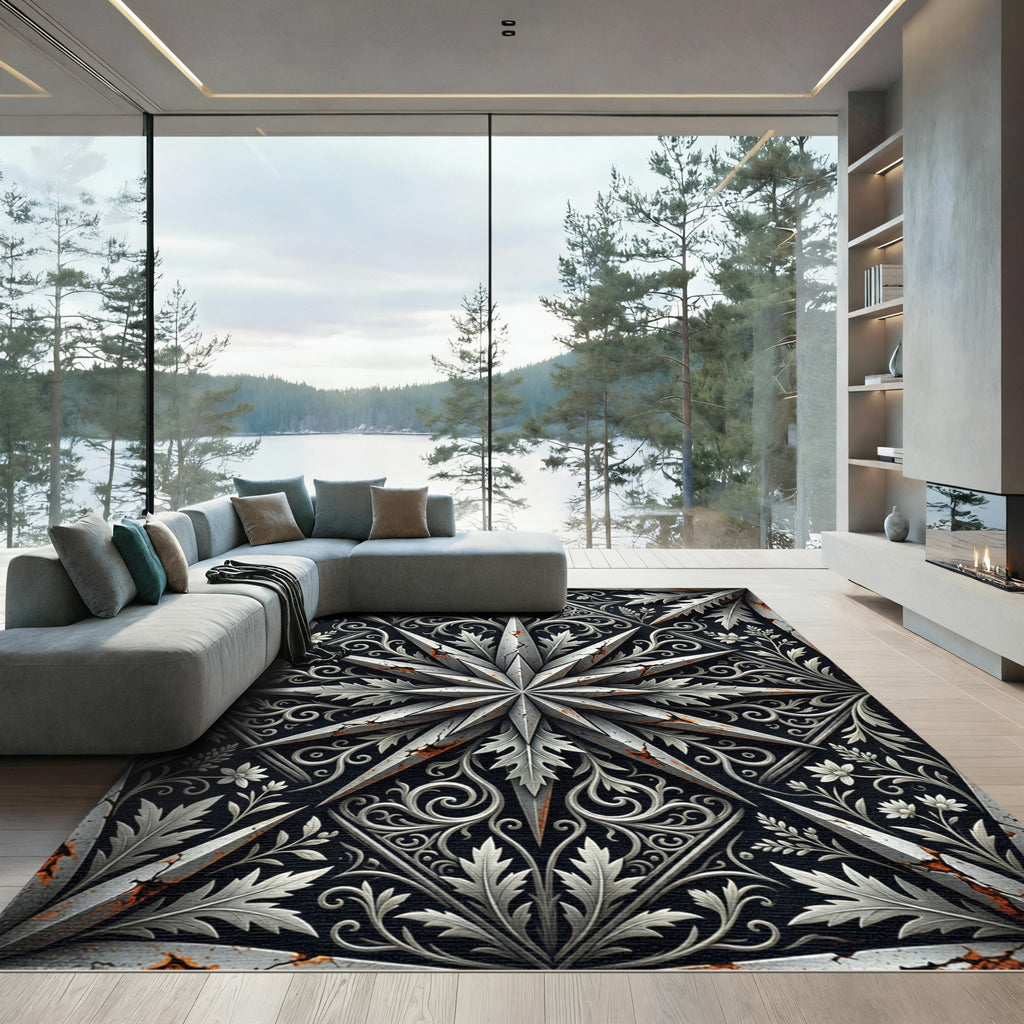 Ornate Silver Star Damascus Filigree Rug