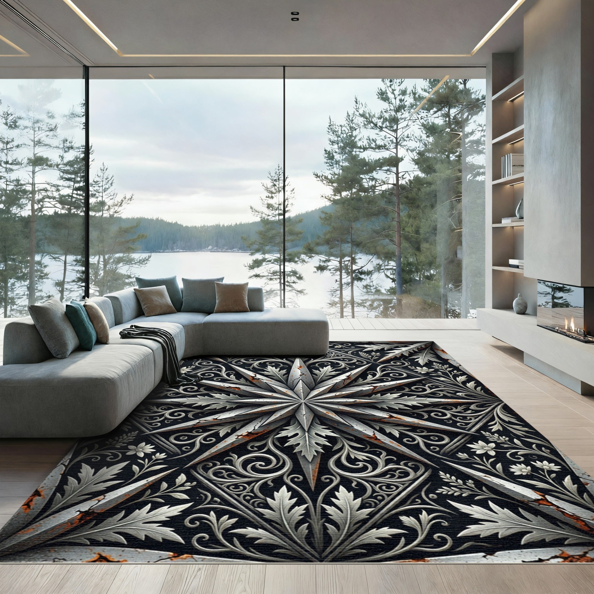 Ornate Silver Star Damascus Filigree Rug
