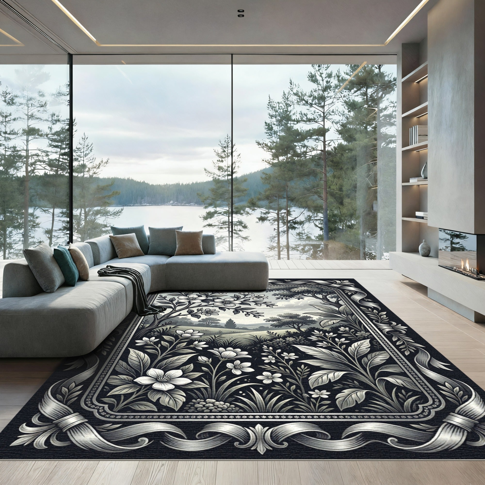 Monochrome Botanical Meadow Floral Illustration Rug