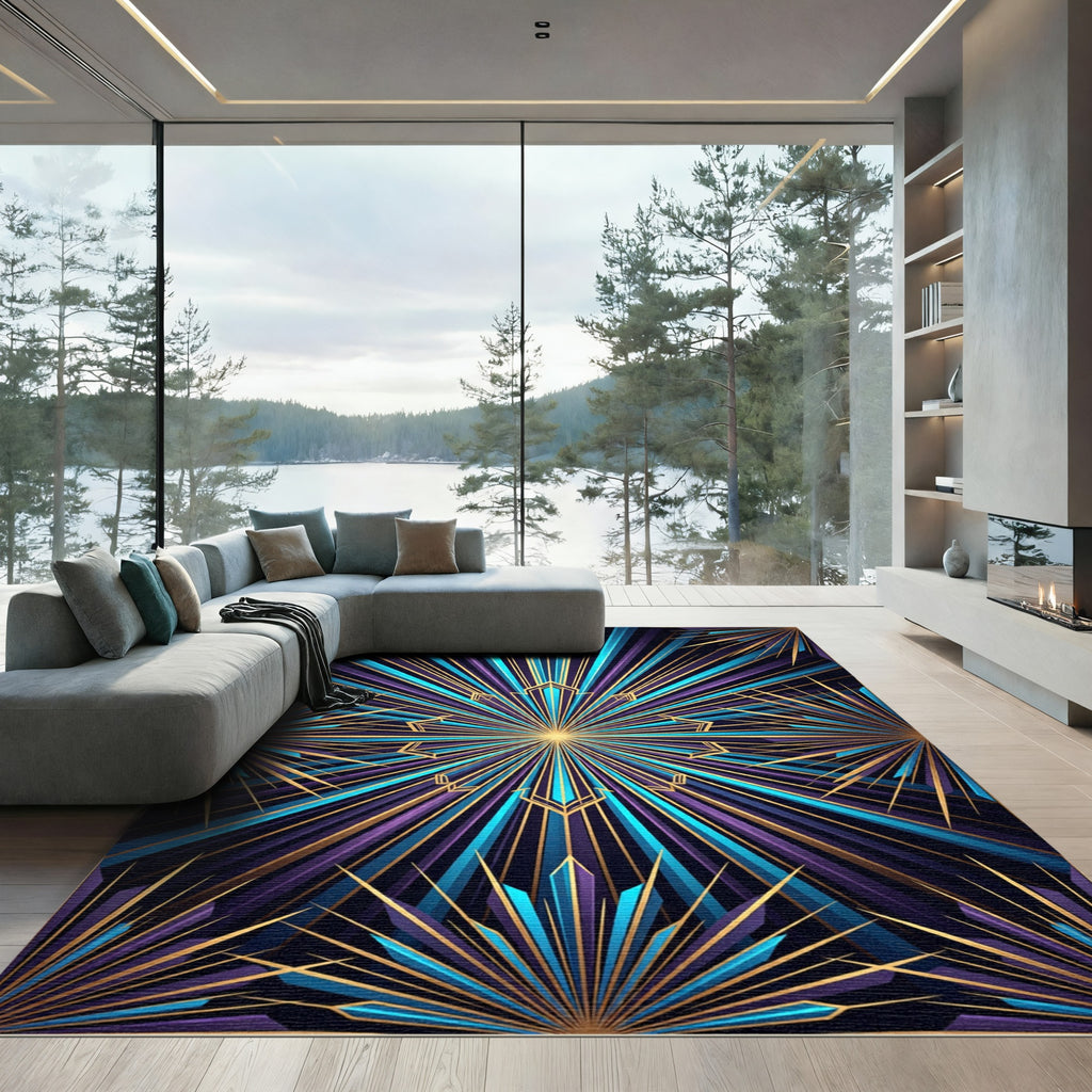 Vibrant Blue Gold Art Deco Starburst Rug