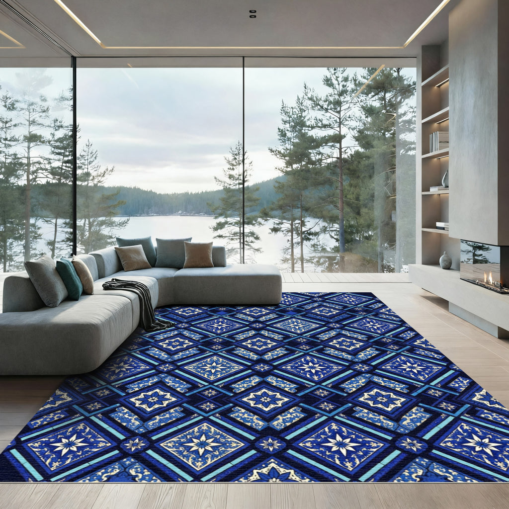 Deep Navy Starburst Diamond Mosaic Rug