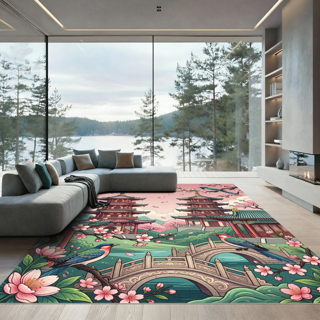 Pink Cherry Blossom Pagoda Birds Bridge Rug