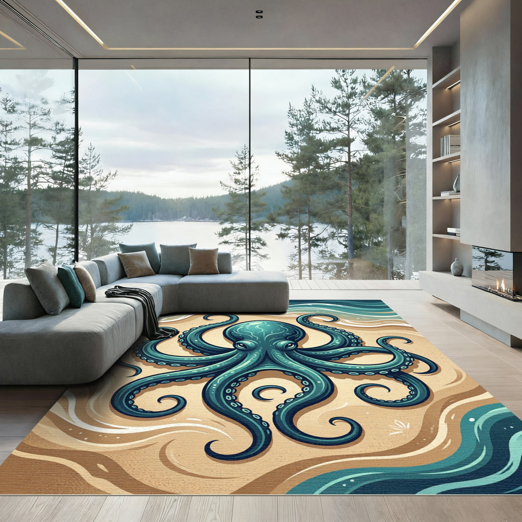 Teal Octopus Coastal Ocean Floor Rug