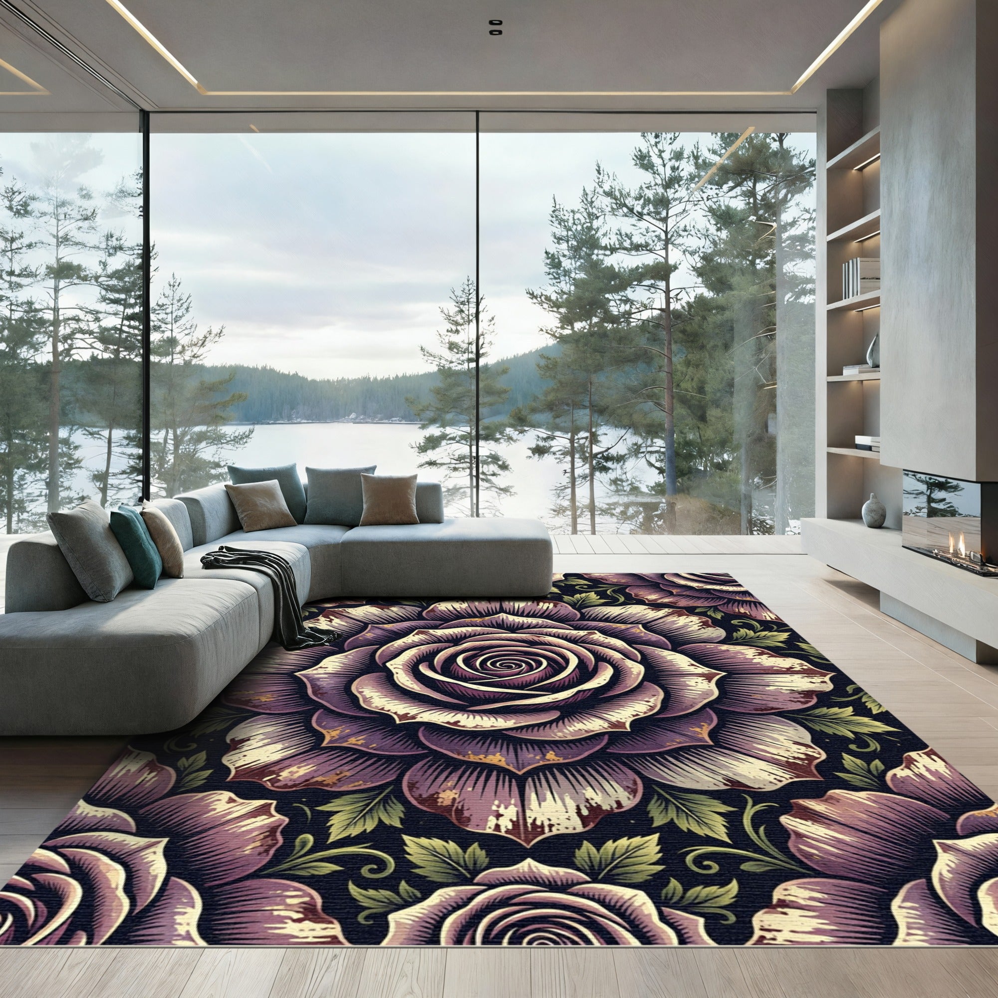 Vintage Violet Floral Engraved Medallion Rug