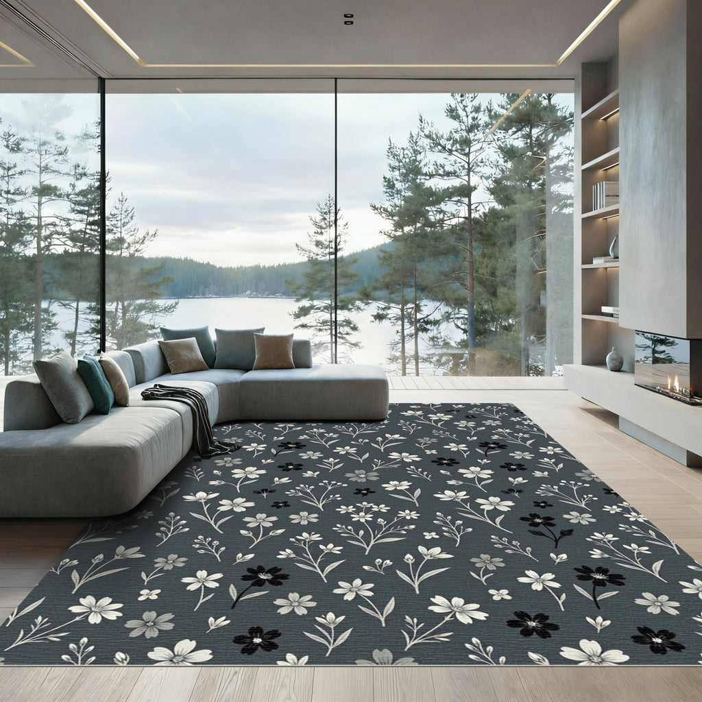 Dark Gray White Floral Sprigs Rug