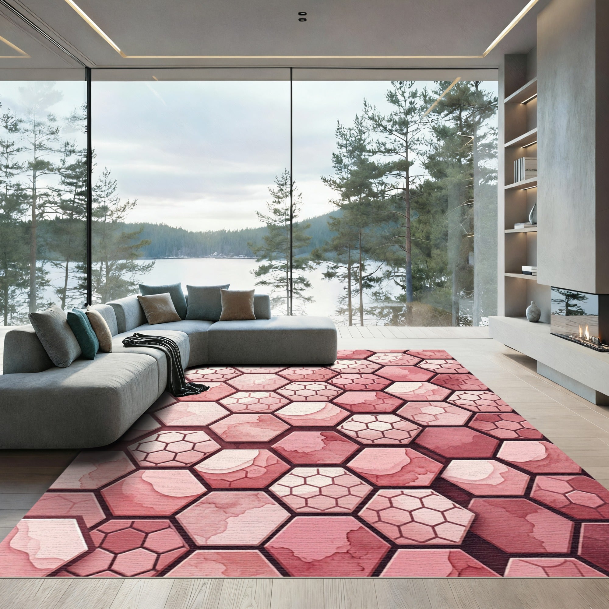 Coral Pink Hexagonal Watercolor Layers Rug