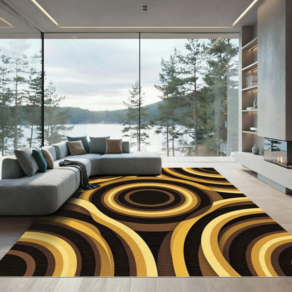 Retro Gold Brown Concentric Circles Rug