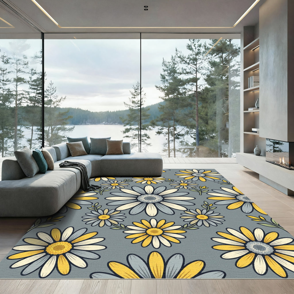 Yellow and Blue Daisy Floral Tile Rug