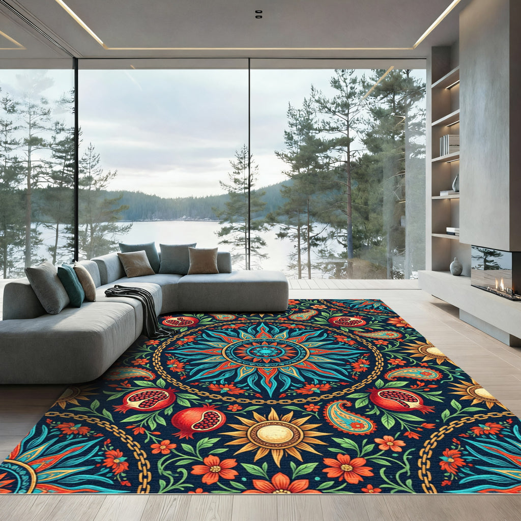 Vibrant Radiant Sun Pomegranate Floral Medallion Rug