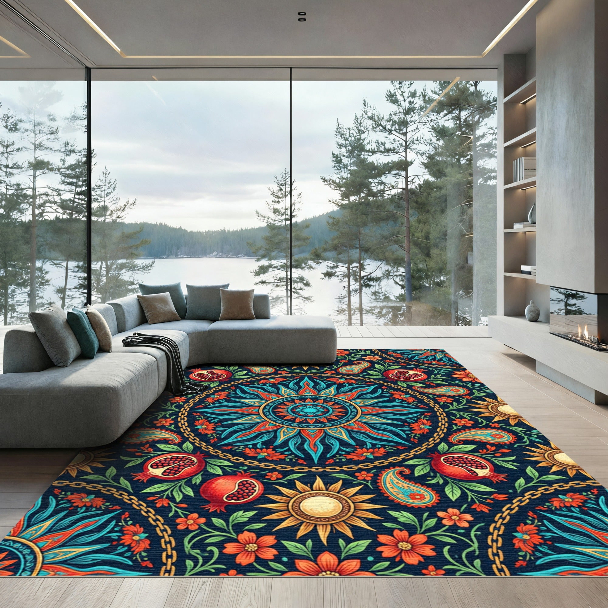 Vibrant Radiant Sun Pomegranate Floral Medallion Rug