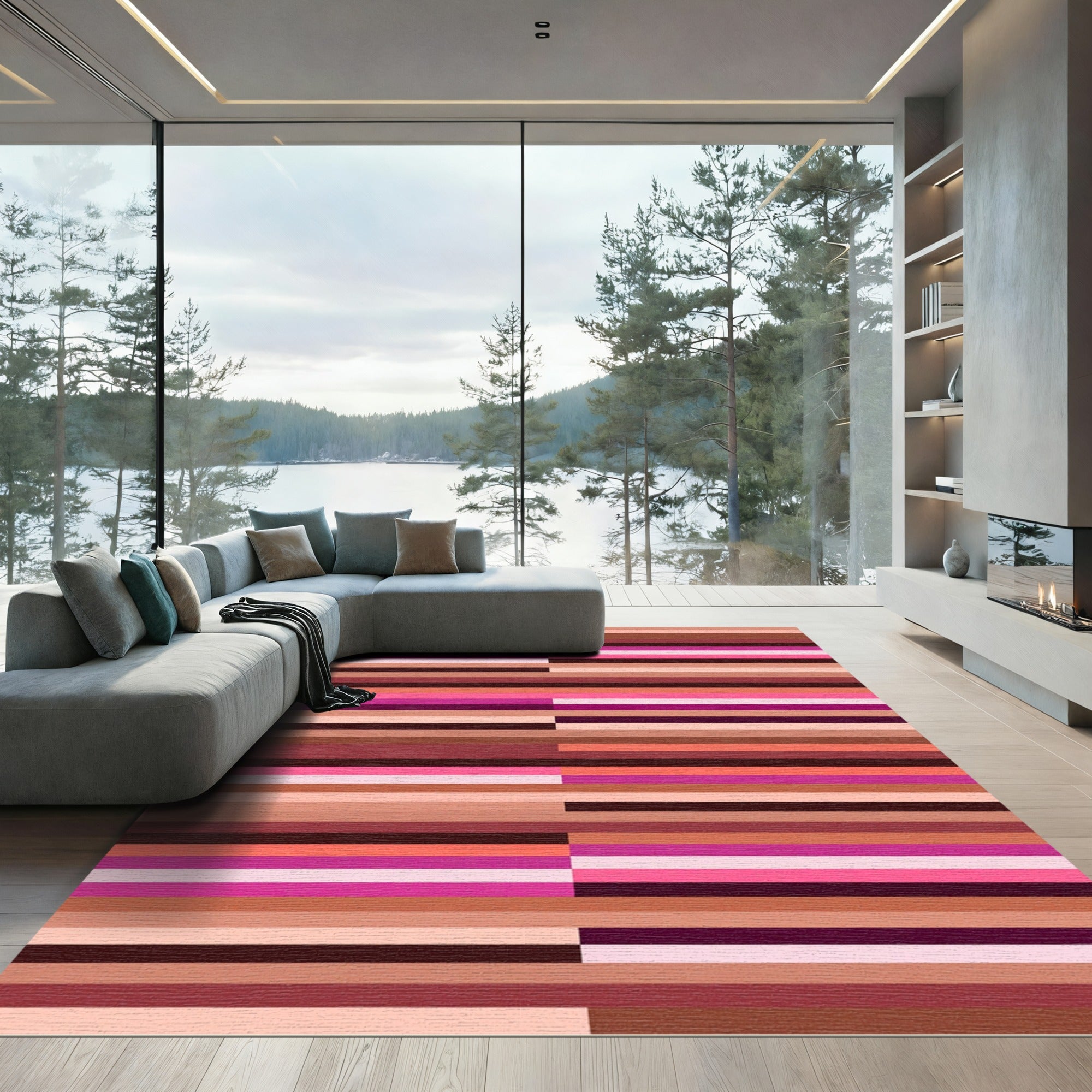 Earthy Magenta Stripe Composition Rug
