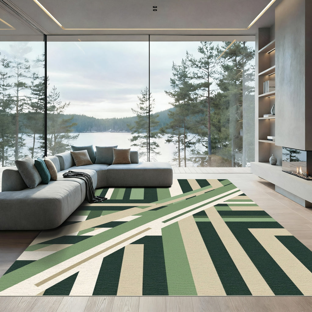 Minimalist Olive Geometric Linear Abstract Rug