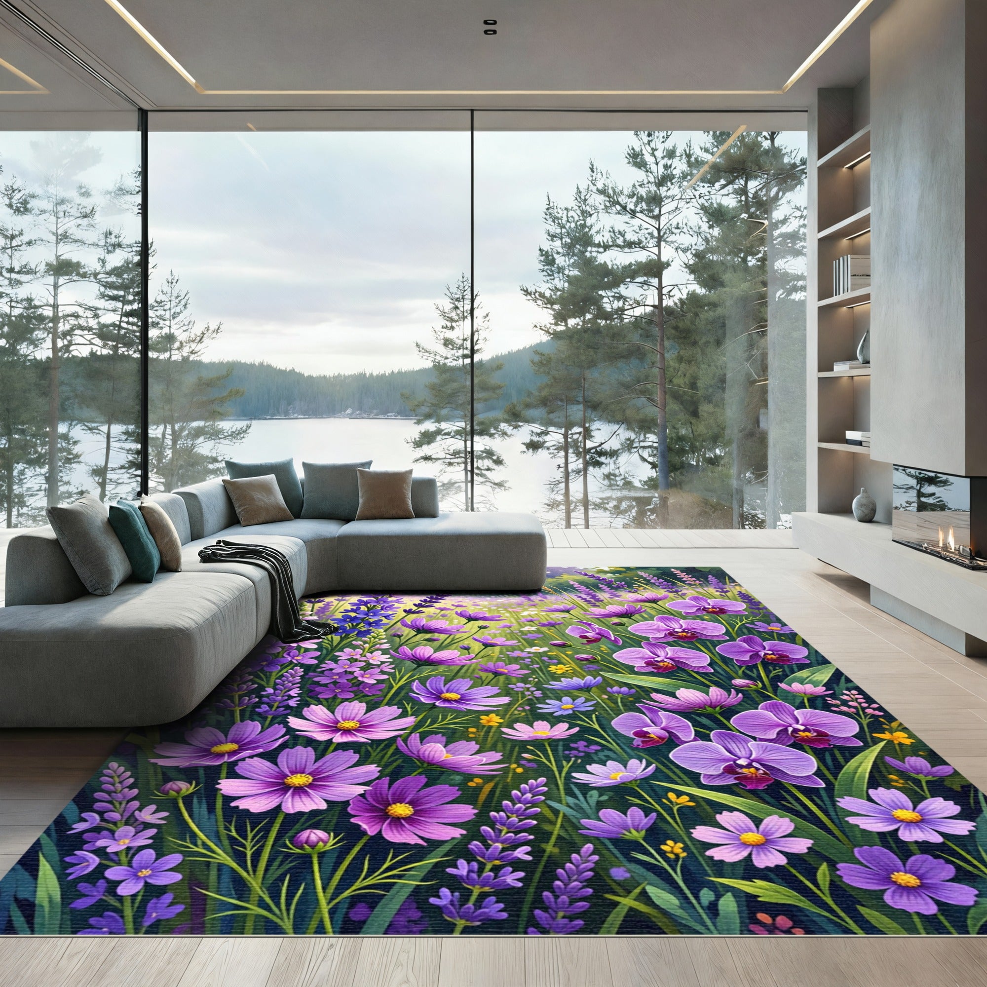 Vibrant Purple Orchid Lavender Field Rug