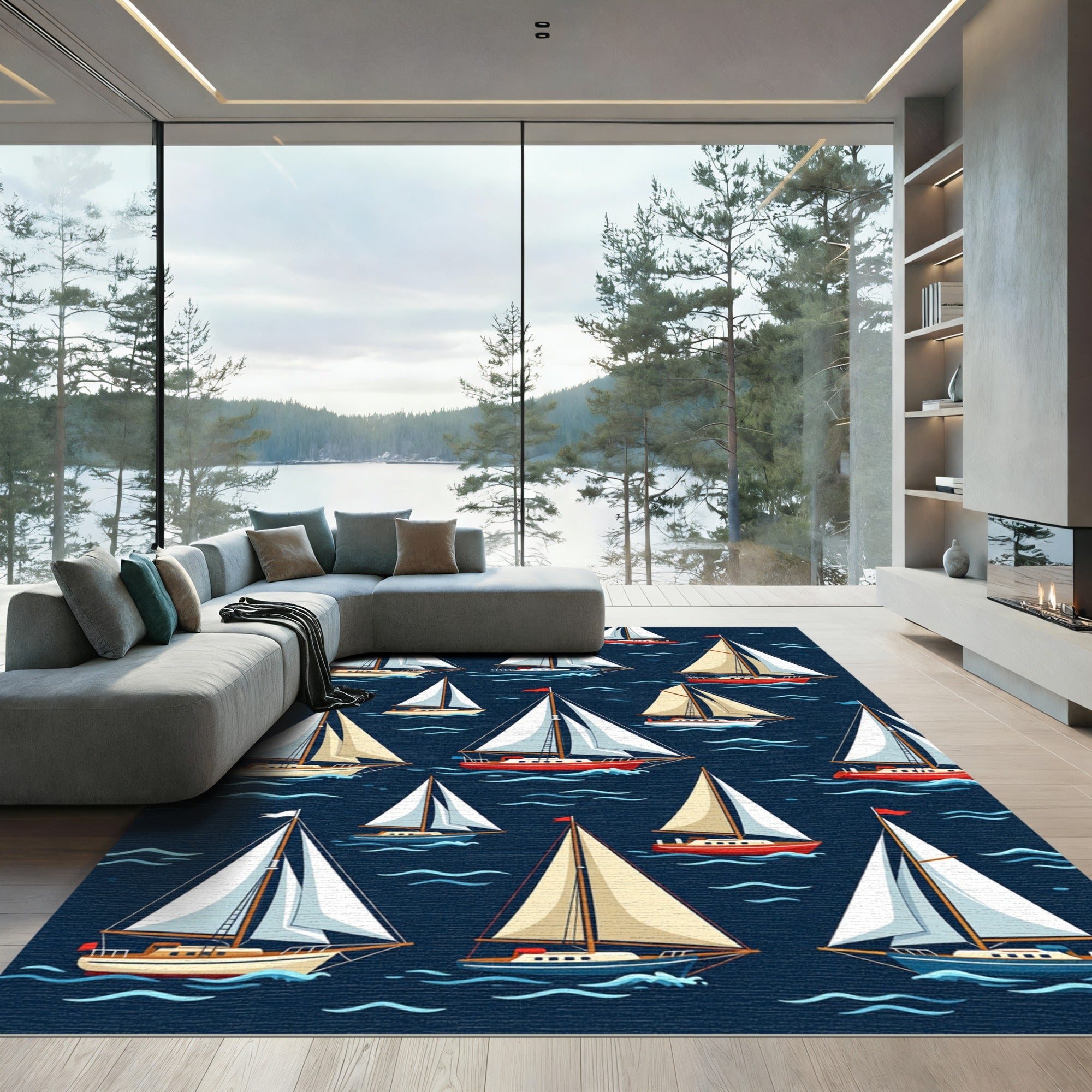 Naval Sailboats Scenic Ocean Voyage Rug