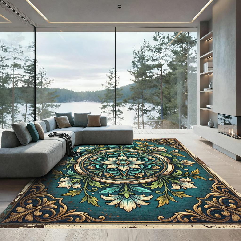 Ornate Teal Floral Damask Medallion Rug