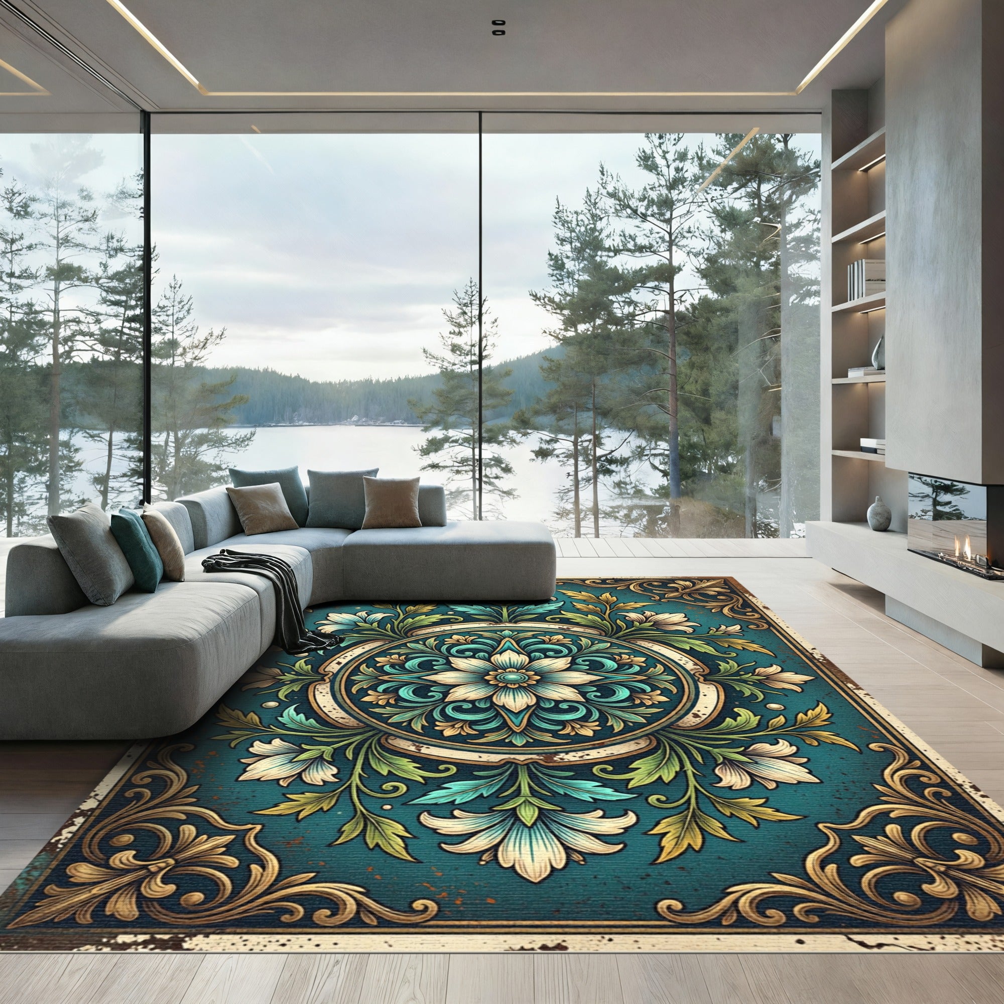 Ornate Teal Floral Damask Medallion Rug