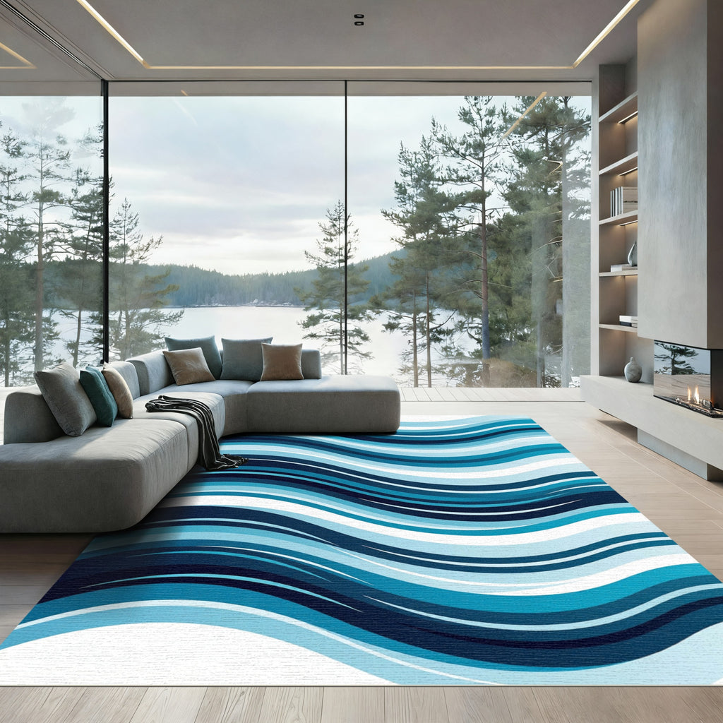 Modern Abstract Blue Rippling Waves Rug