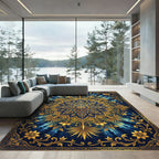 Golden Royal Blue Floral Sunburst Rug