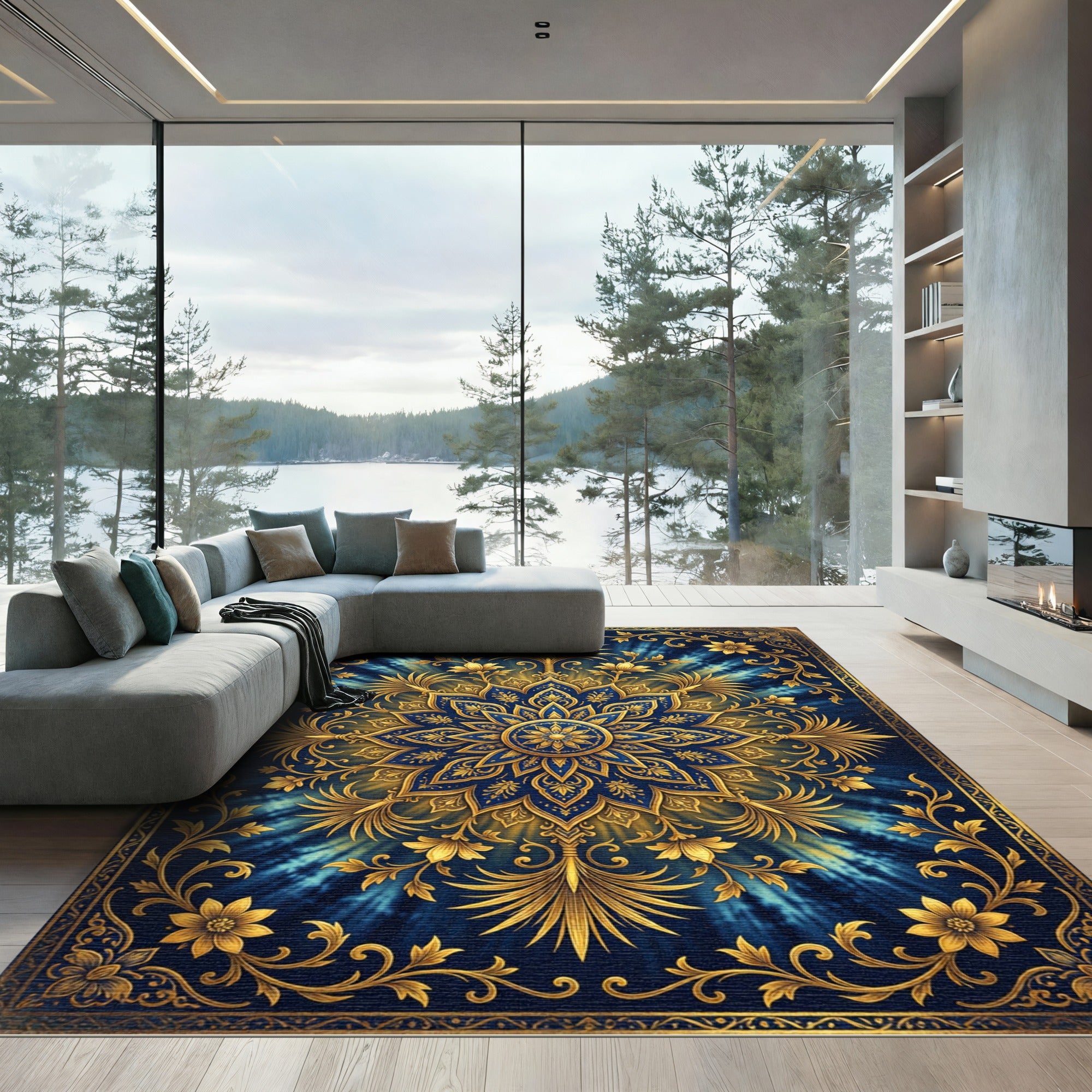 Golden Royal Blue Floral Sunburst Rug