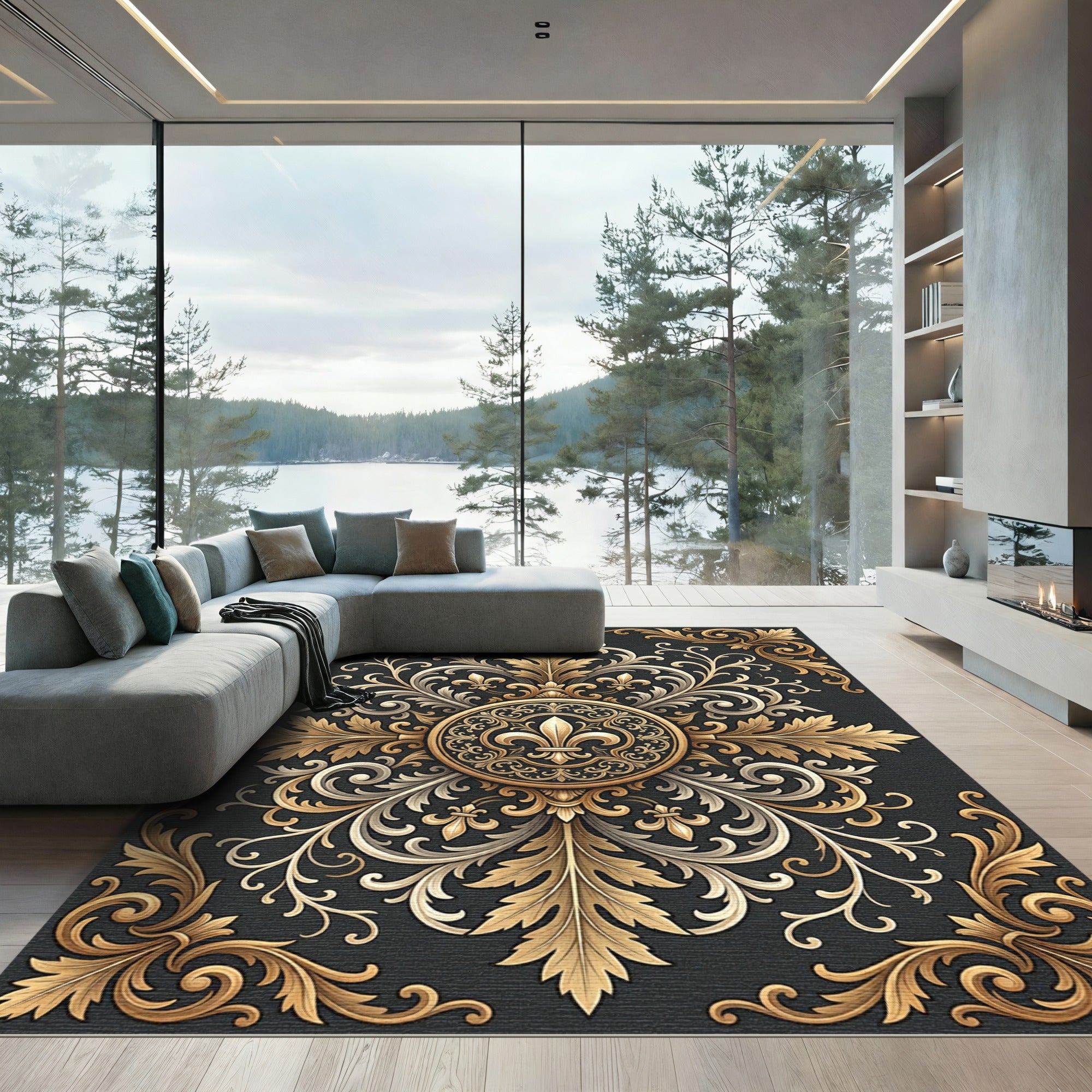 Ornate Golden Fleur de Lis Medallion Rug