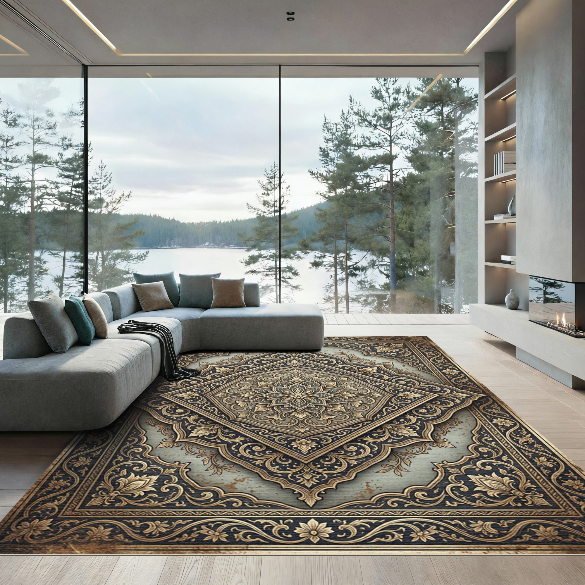 Ornate Gold Navy Filigree Medallion Rug