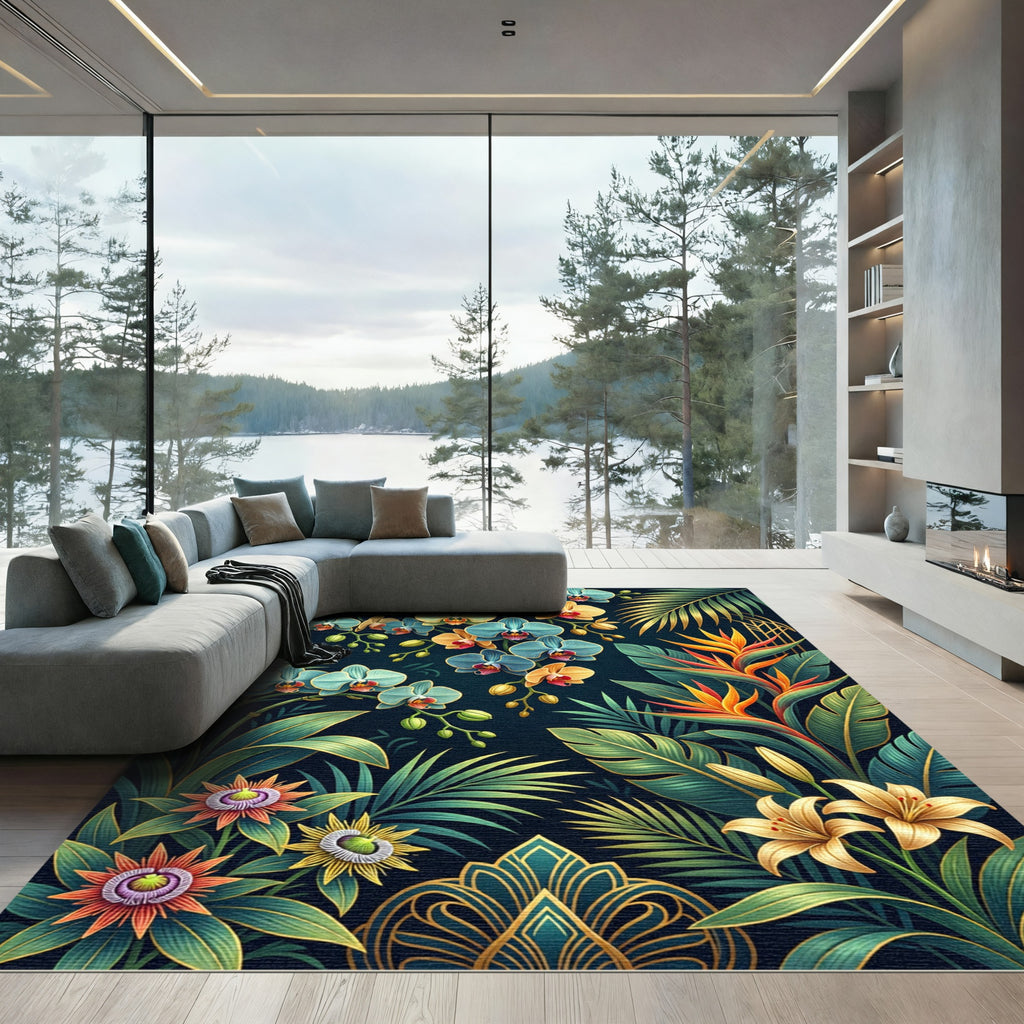 Lush Tropical Orchid and Palm Art Rug