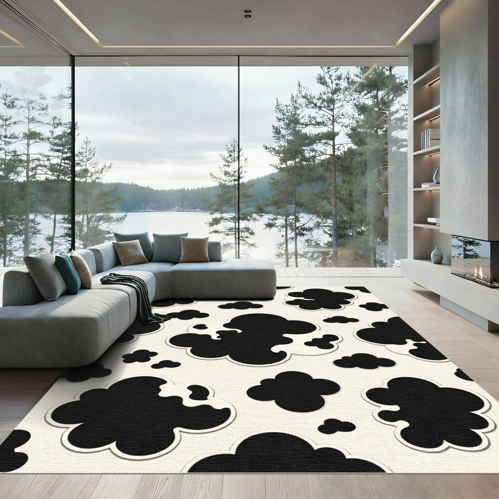 Minimalist Black and Cream Cloudy Texture Rug