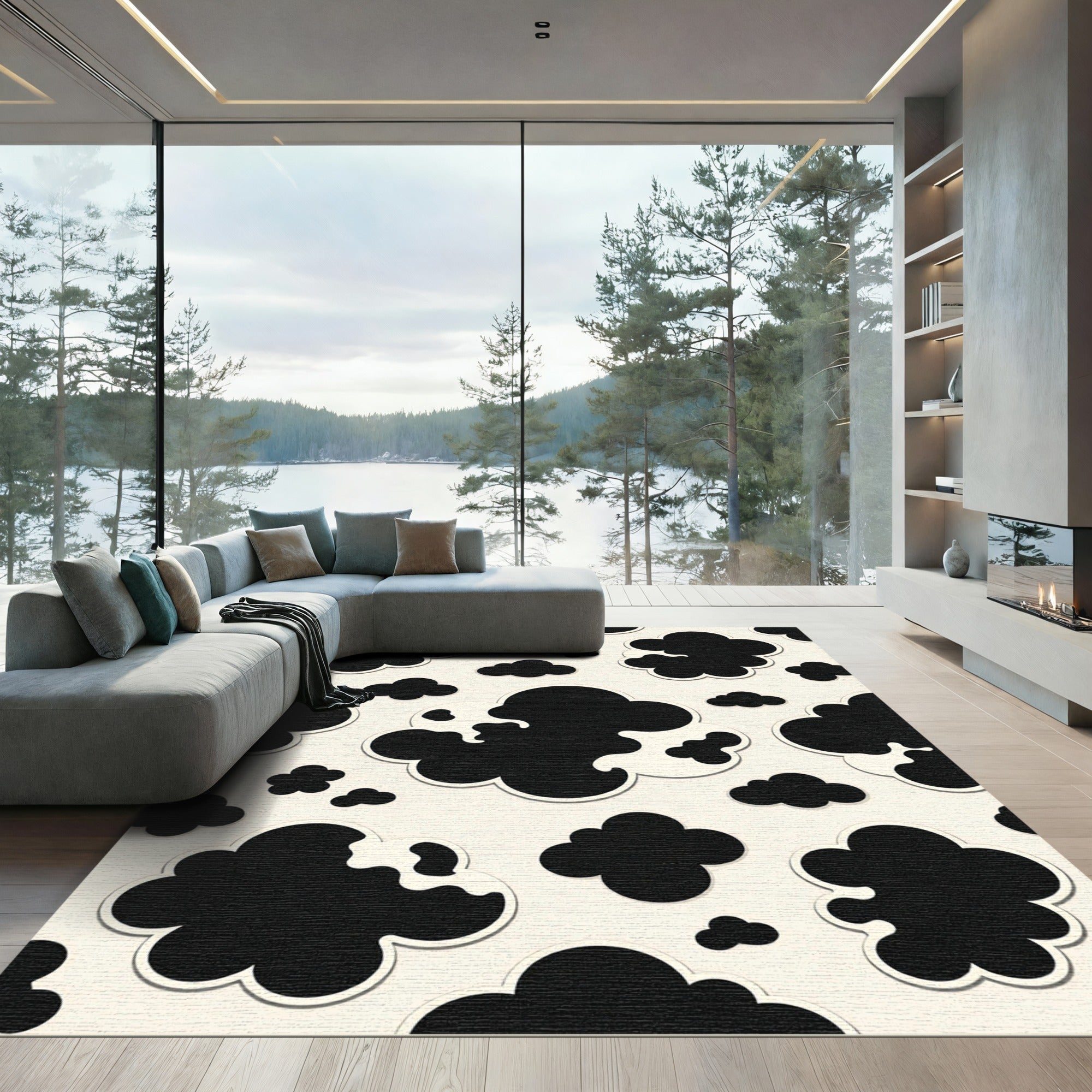 Minimalist Black and Cream Cloudy Texture Rug
