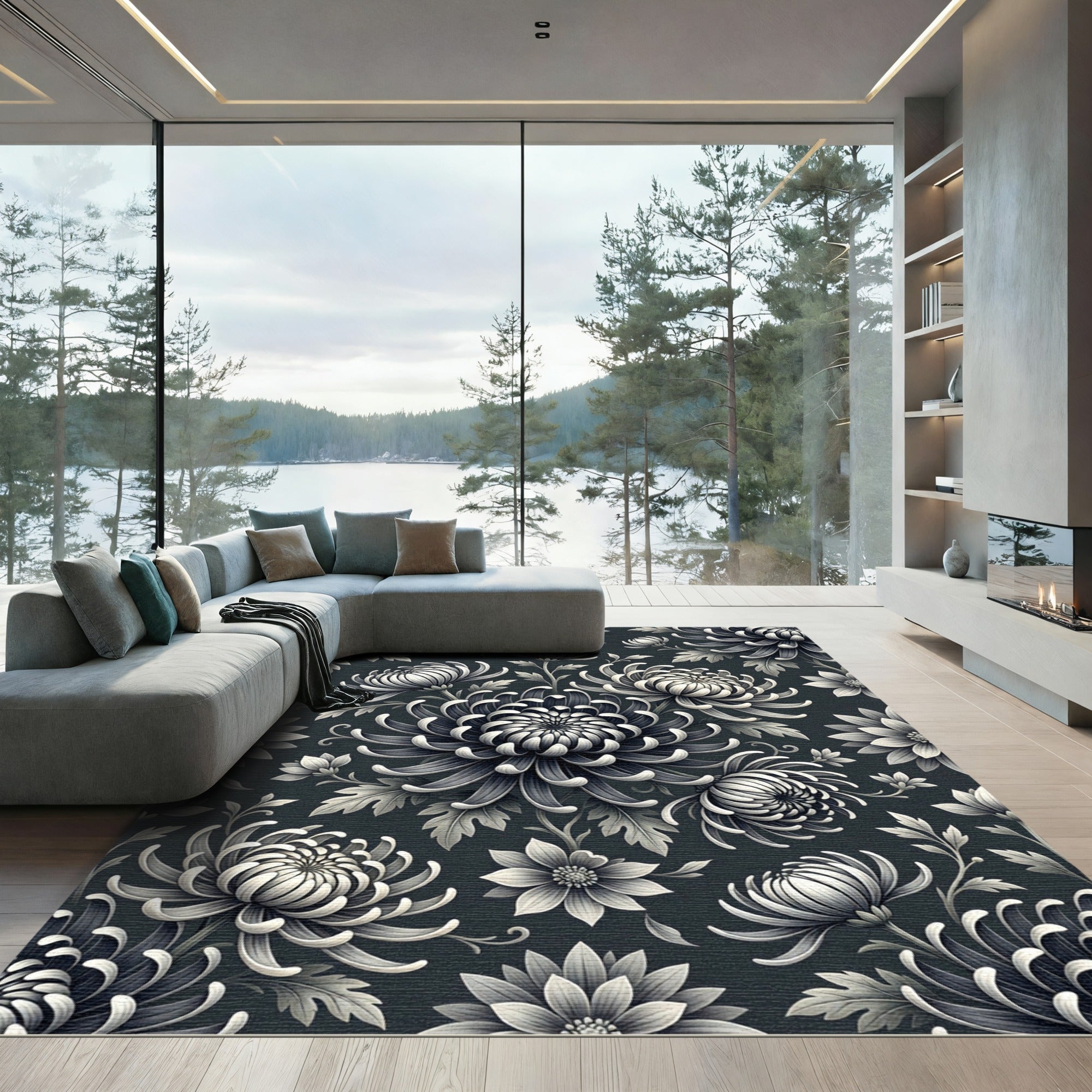 Monochromatic Dark Gray Chrysanthemum Floral Botanical Rug