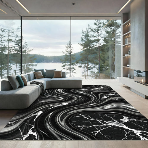 Black White Swirling Marble Texture Rug