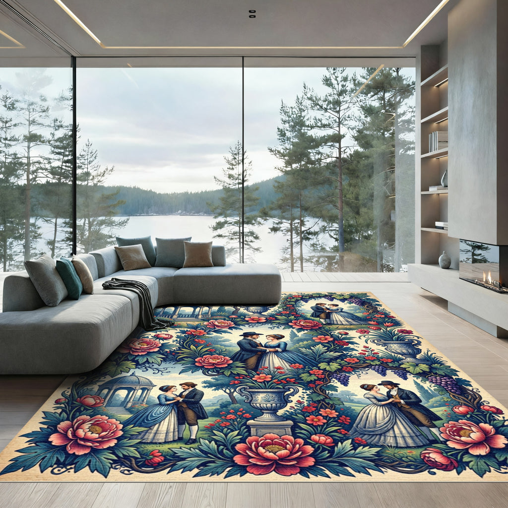 Romantic Victorian Floral Garden Couple Tapestry Rug