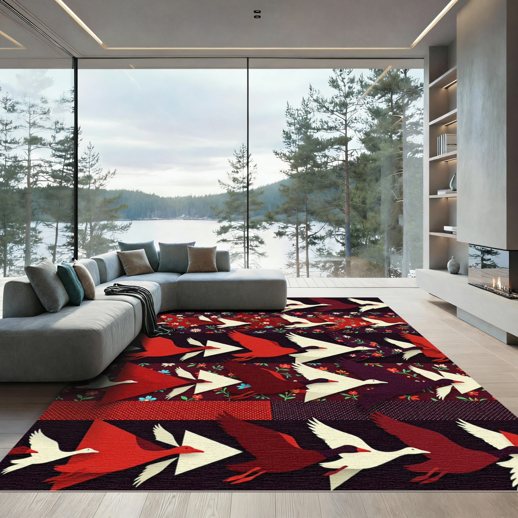 Red White Flying Geese Floral Patchwork Rug