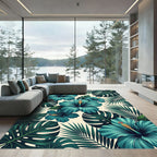 Tropical Teal Hibiscus Leaf Pattern Rug